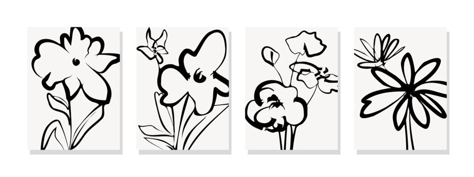 Botanical wall art. Hand painted floral line art illustration with vintage and natural charm. Design for covers, wallpapers, banners, flyers, posters, and decorations.
