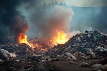 A garbage dump is on fire. - obrazy, fototapety, plakaty