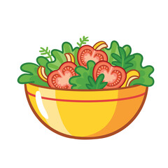 Cute illistration with yellow plate salad. Simple cartoon design healthy food.