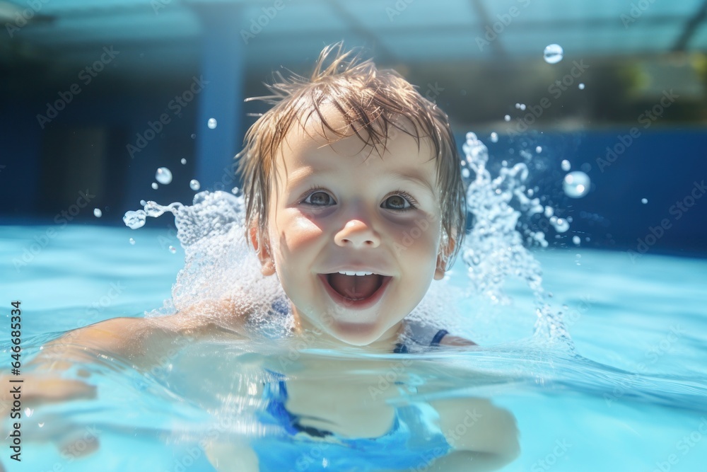 Poster smiling child swimming in the pool.