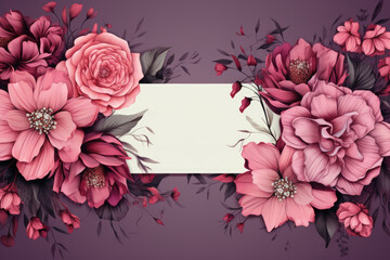 vintage pink floral frame card on a purple background with space for text for the Wedding Invitation card.