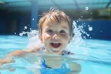 Fototapeta na wymiar Smiling child swimming in the pool.