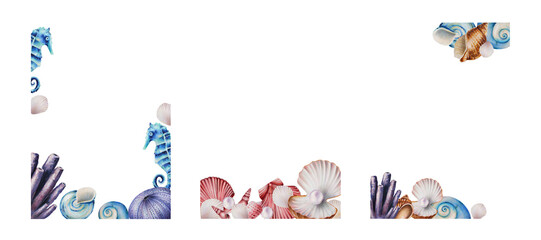 Watercolor set of postcards with sea horse. Hand painting clipart underwater life objects on a white isolated background. For designers, decoration, postcards, wrapping paper, scrap © Natalia