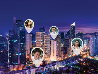 Pins revealing exact location of select people in the city. Real-time online location and GPS consented tracking app concept.