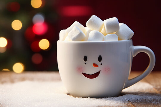 A festive photo features a Christmas snowman and Santa Claus mascot on a hot chocolate mug with marshmallows, set on a dark table with bokeh lights during the winter holiday.