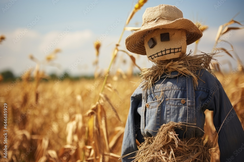 Poster scarecrow on the field in the summer.