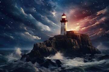 Fototapeta na wymiar Lighthouse on a rocky island with raging rocks.