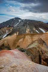 Landmannalaugar, Iceland. Cover page view from above at beautiful Icelandic landscape of colorful rainbow volcanic Landmannalaugar mountains at Laugavegur hiking trail with lava field and dramatic sky