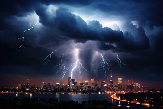 Night city with clouds and lightning.