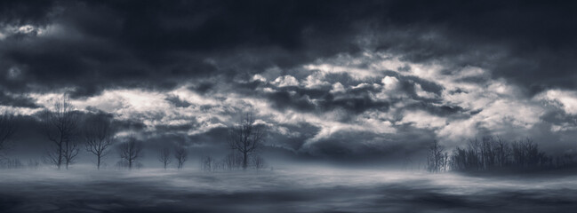 Night sky background with dark clouds and trees