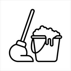 Mop and bucket, cleaning outline icons. vector illustration on white background