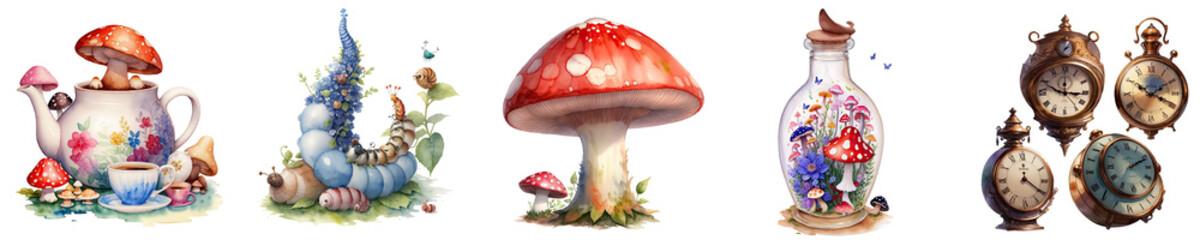 Watercolor Mystical Alice in Wonderland  Clock and Tea Cup Mushroom