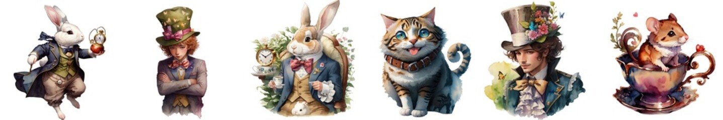 Watercolor Mystical Alice in Wonderland   Mad Hatter White Rabit