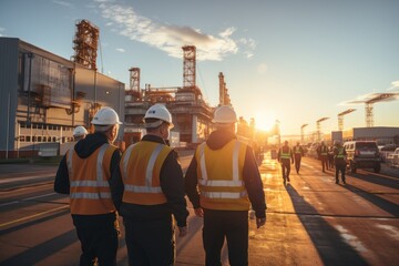 A team of engineers walks to work at an oil industrial factory refinery with morning light - obrazy, fototapety, plakaty