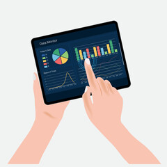 Businessman's hand holds the tablet pc and points at the screen with a line graph, pie chart, bar chart and report. Graphics, statistics. Vector illustration.