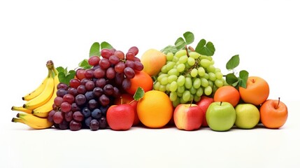 A series of colorful, ripe fruits arranged in an artful composition with a white background, perfect for health and nutrition concepts.