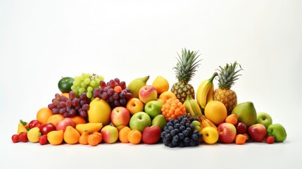 Naklejka na ściany i meble A series of colorful, ripe fruits arranged in an artful composition with a white background, perfect for health and nutrition concepts.