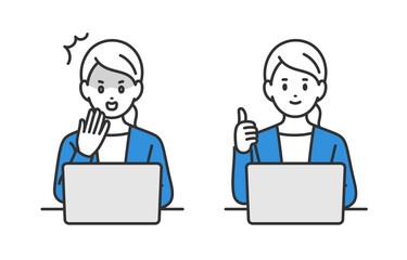 パソコンを見てショック･グッドのポーズをするビジネスパーソン女性のセット【人物ベクターイラスト素材】