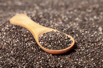 Chia seeds close-up with a wooden spoon. Chia seeds macro. Dry healthy supplement for proper nutrition.