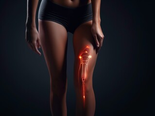 Obraz premium Knee or joint pain of woman on black background. Medical condition concept.