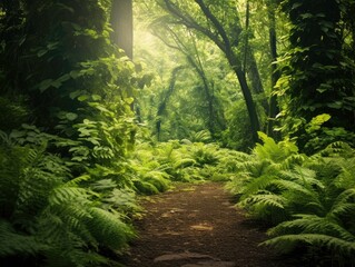 Embrace the Lush Greenery of a Forest or Garden with walking path for hike