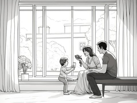 Line drawing of family, Parents taking care of their kid and play with daughter, looking through the window