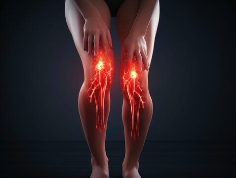 Knee or joint pain of woman on black background. Medical condition concept.