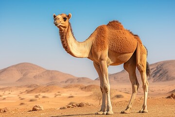 A camel stands in the desert. - obrazy, fototapety, plakaty