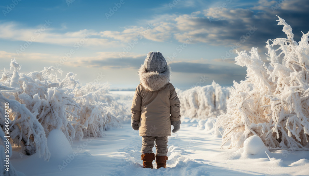 Canvas Prints a child standing amidst a pristine snowy landscape.