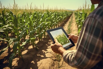 Agriculture using tablet computers with corn in corn fields There is an industrial factory is the background.