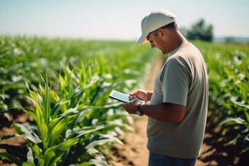 Agriculture using tablet computers inspecting corn crops growing in corn farm