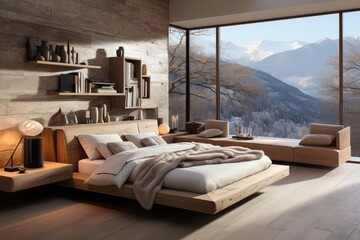 Fototapeta na wymiar cozy bedroom with light natural materials