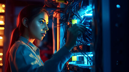 Obraz premium a female network engineer connecting cables in server cabinet while working.