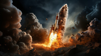 Apocalypse in space, destroying cosmic object.Combat rocket takes the planet.