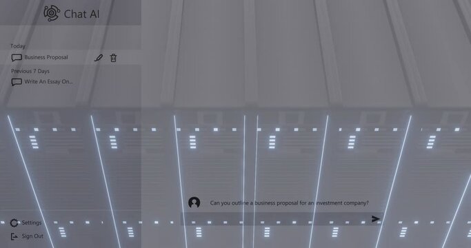 Chat ai logo and conversation text over data processing on servers in server room