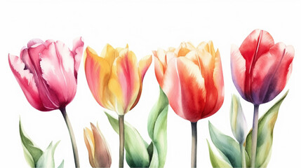 Colorful tulip flowers isolated on white background. Watercolor illustration generative ai