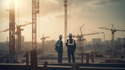 Silhouette of engineer and worker on construction site with construction cranes generative ai