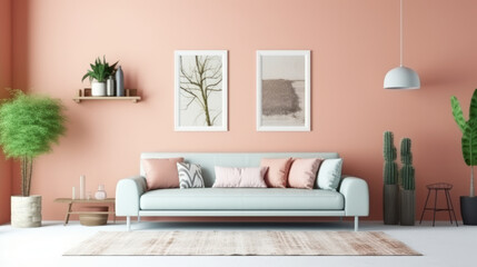 Fototapeta na wymiar Bohemian Interior Design Style living room in pastel colors mock-up with frame for picture.