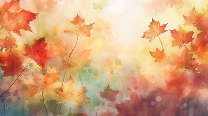 Naklejka na ściany i meble Autumn background with maple leaves. Watercolor painting. Digital art painting. generative ai