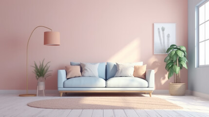 Bohemian Interior Design Style living room in pastel colors mock-up with frame for picture.