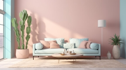 Bohemian Interior Design Style living room in pastel colors mock-up with frame for picture.