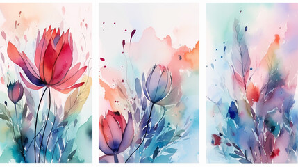 Set of colorful watercolor floral backgrounds. Spring flowers. Watercolor painting. generative ai