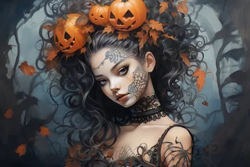 Photo sur Plexiglas Crâne aquarelle Halloween girl water color painting, gothic style