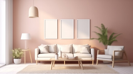 Bohemian Interior Design Style living room in pastel colors mock-up with frame for picture.