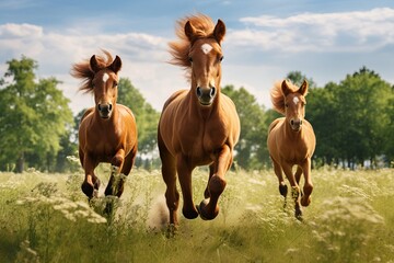 Fototapeta premium a group of horses run across the field. generative ai.
