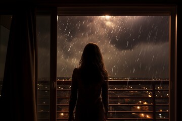 a girl on the balcony against the background of an approaching thunderstorm. generative ai.