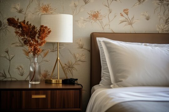 Close-up image of the simple wallpaper with flower pattern in the bedroom or hotel room