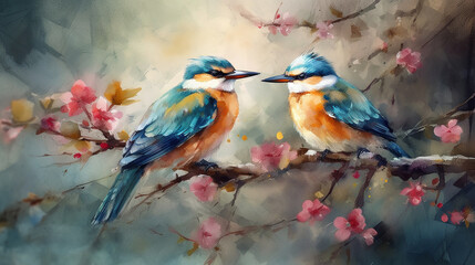 watercolor painting of birds sitting on a branch of blooming sakura generative ai