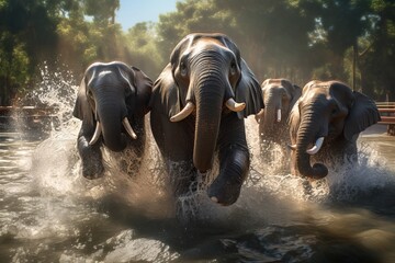 a herd of elephants runs across the river. wild animals. generative ai.