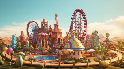 Fotobehang Amusementspark Amusement park in the city. 3d render illustration. generative ai